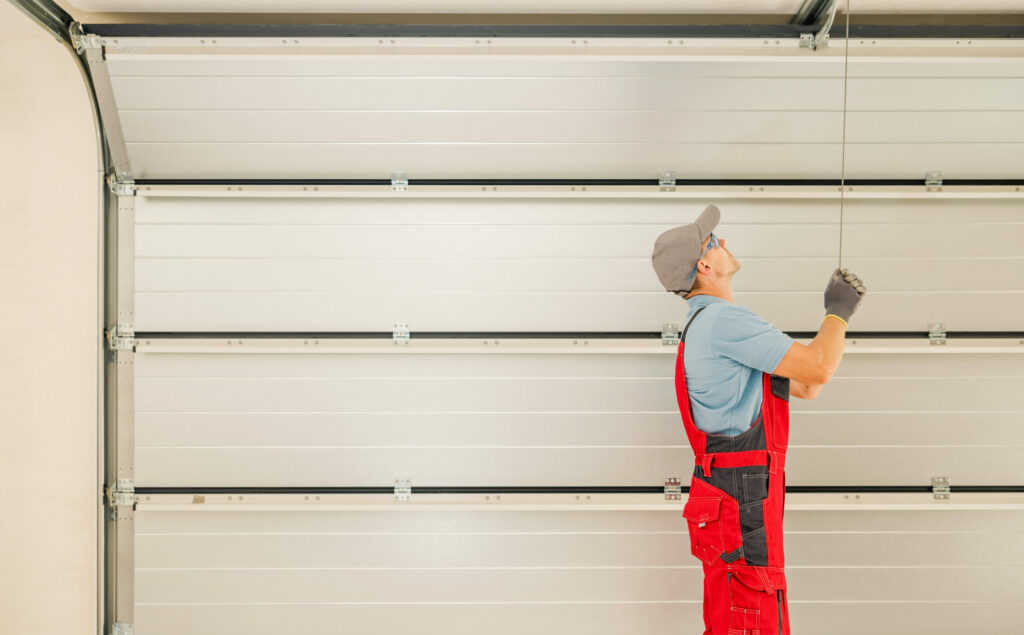 a garage door technician in red overalls inspecting a garage door spring
