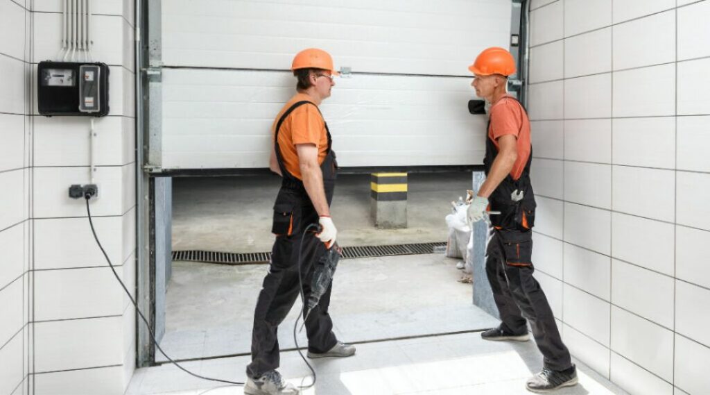 an image showing two utility men in orange and black overalls performing a garage door service inspection