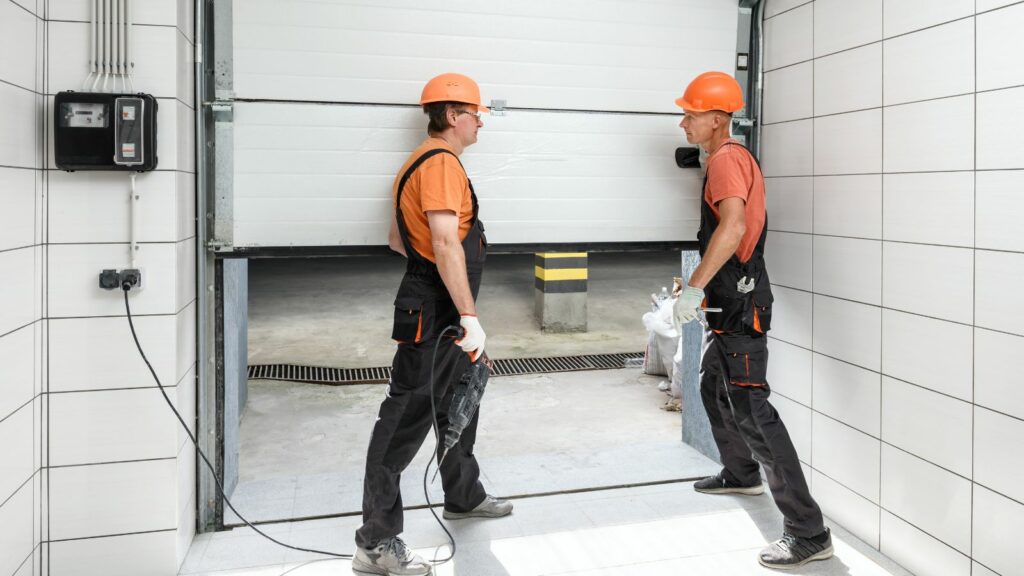 Two men strategically installing a garage door.