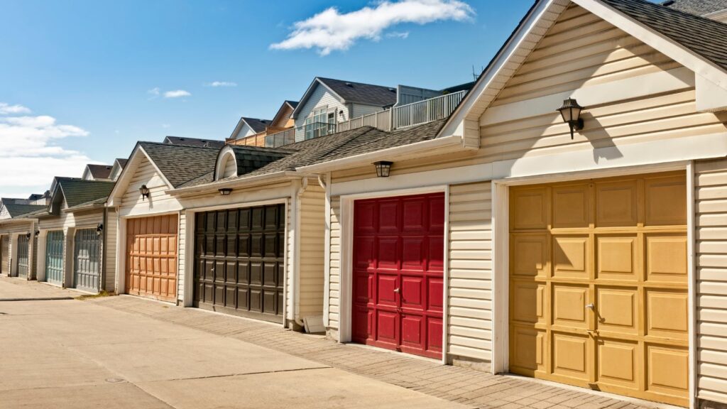 Many garage doors and different colors.